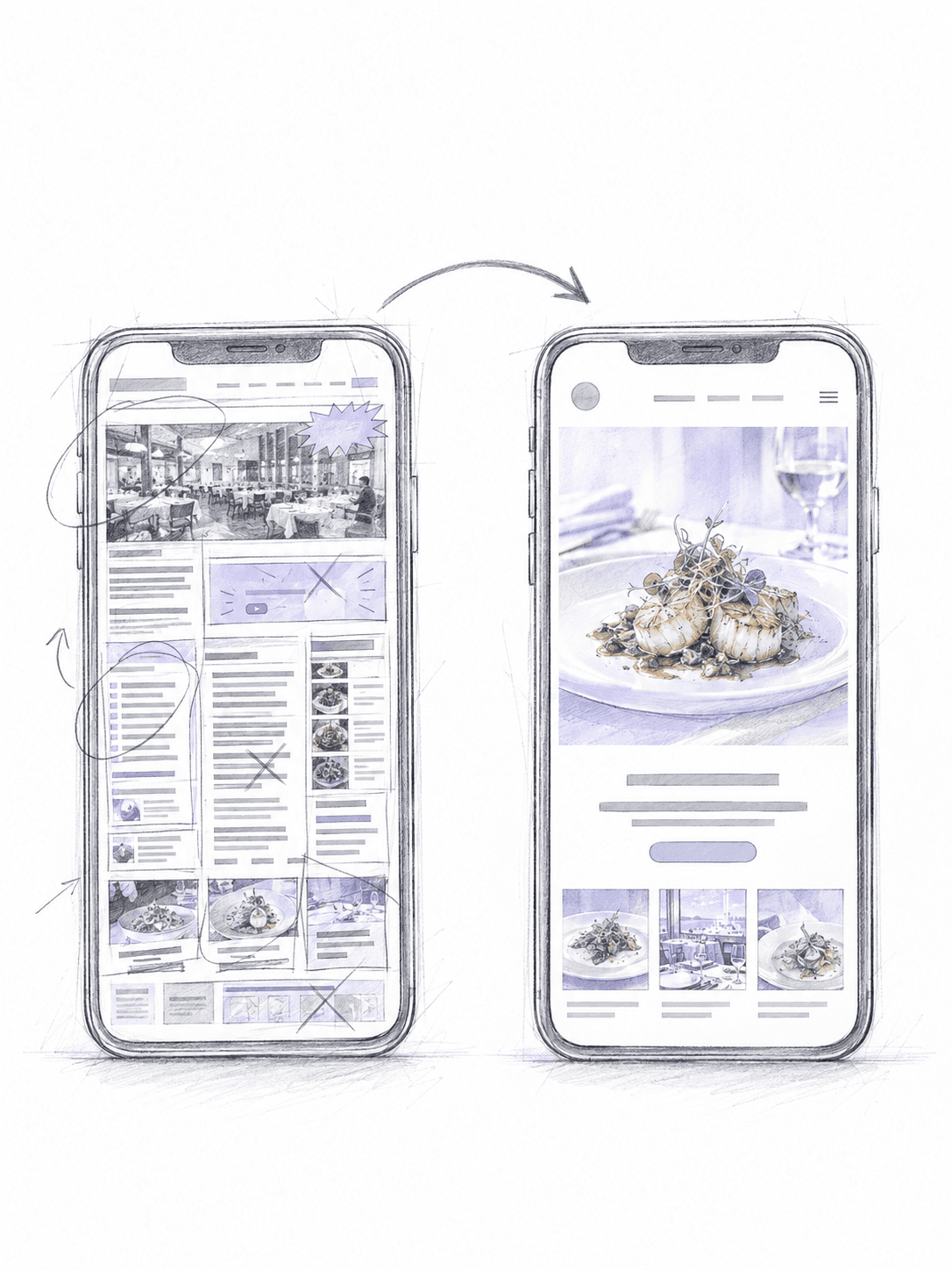 Pencil sketch of the same restaurant website on two phones: a cluttered old version marked with corrections, and a clean redesign